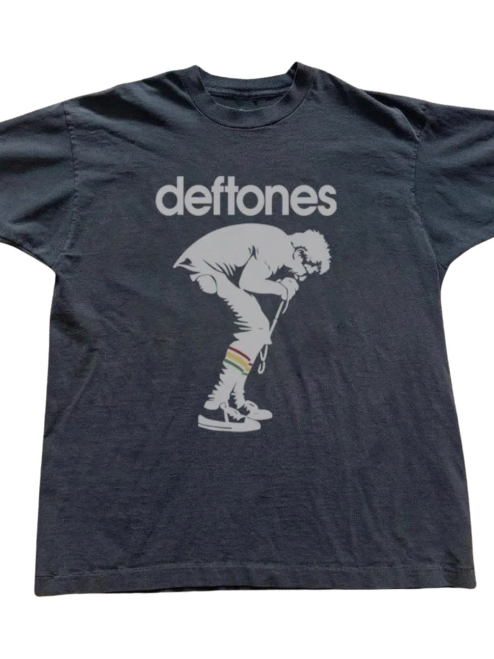 Black Deftones Graphic Tee with Multicolor Stripe Detail